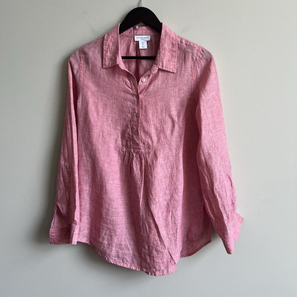 ANTIBES BLANC Top Linen Long Sleeve Blouse Button Accents Pink Pullover L